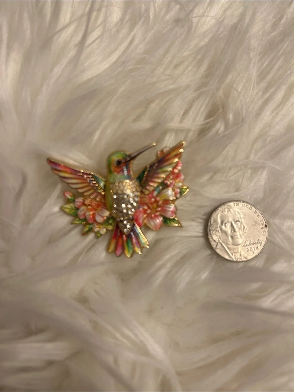 Multicolor Hummingbird Enamel Brooch Pin - Floral Accent
